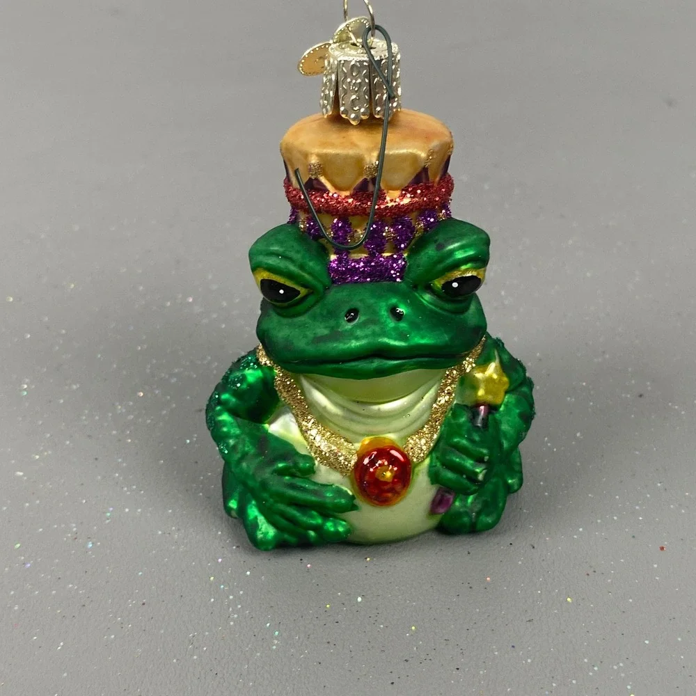 Old World Christmas Glass Ornaments Lot Frog Prince Train & Heart Glitter Set